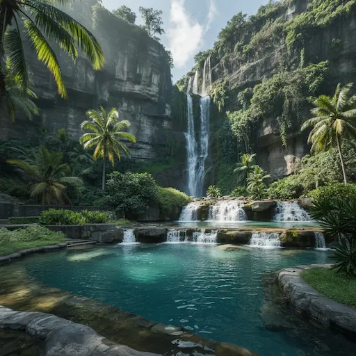 Escena natural con cascada, selva tropical y agua cristalina, representando la creación de paisajes sonoros inmersivos para cine, videojuegos y producciones audiovisuales.