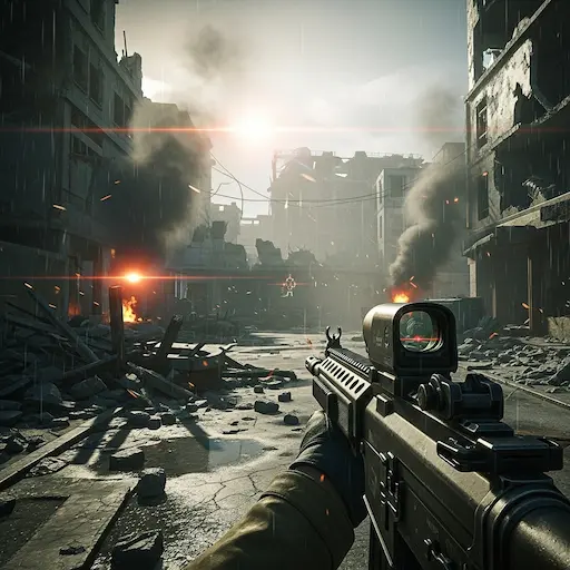 Escena de videojuego en primera persona en un entorno urbano destruido, con arma en pantalla y efectos visuales de fuego y humo, representando la creación de sonidos inmersivos para juegos.