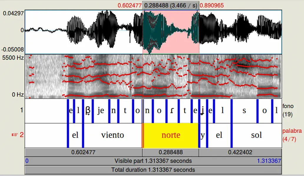 Análisis fonético en el software Praat mostrando el espectrograma y la onda de la frase 'el viento norte y el sol'.